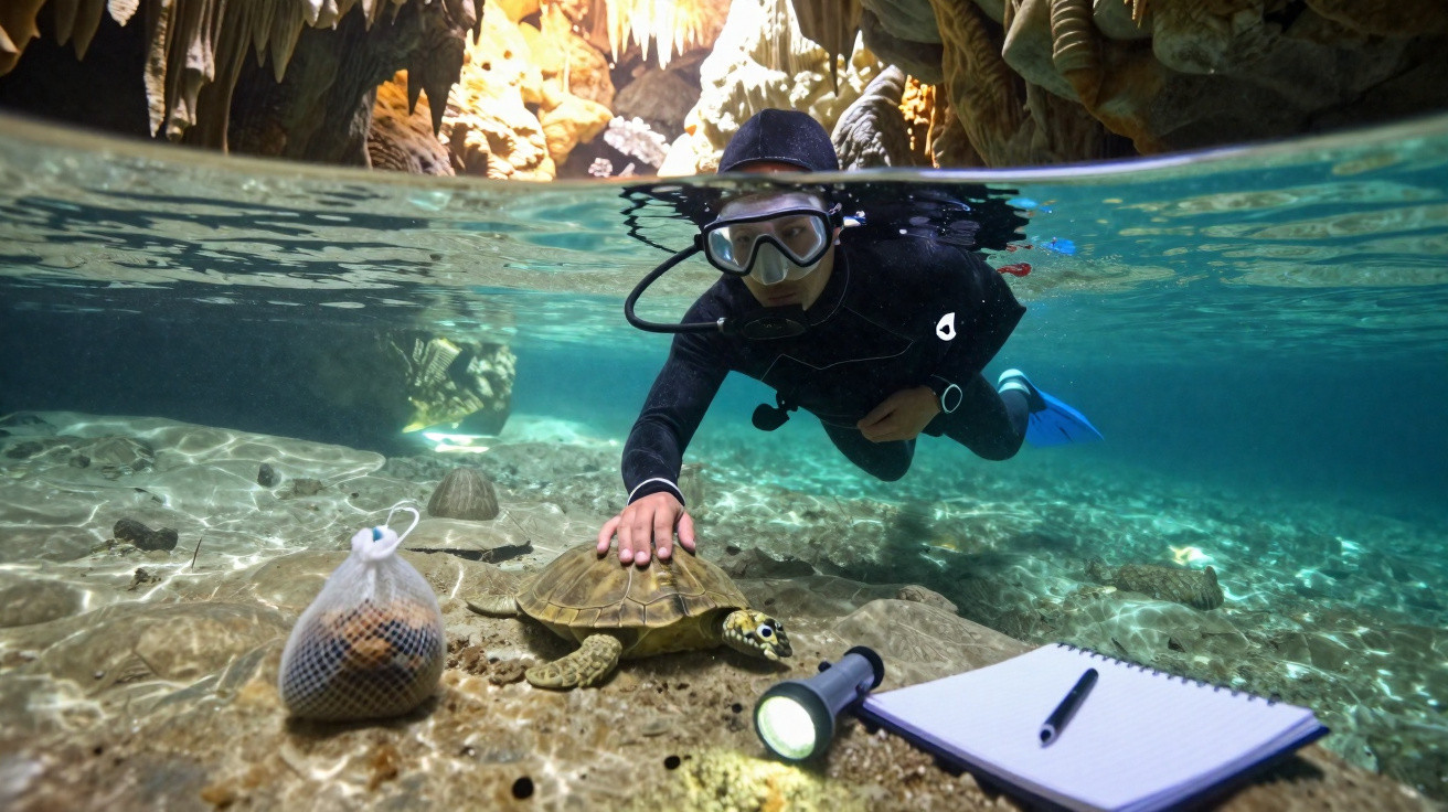 Mergulhador tocando tartaruga em caverna subaquática com caderno e lanterna no fundo.