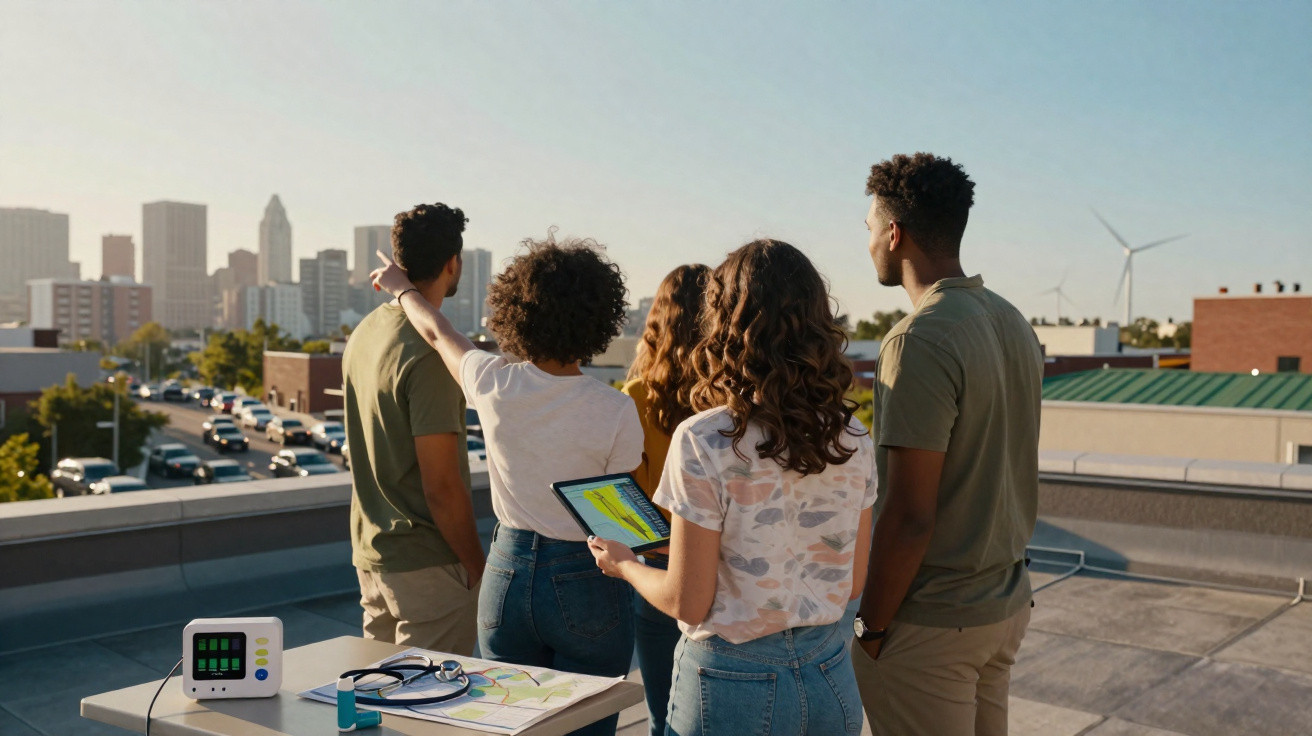 Grupo de jovens observando a cidade, com tablet e equipamentos sobre mesa em telhado durante o dia.