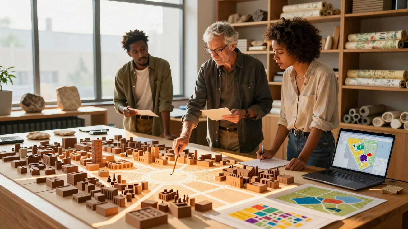 Grupo diverso de arquitetos analisando maquete de projeto urbano em escritório iluminado.