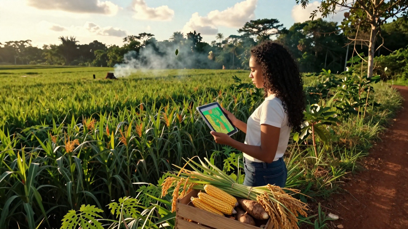 Mulher em campo com tablet e caixa de milho e raízes, analisando plantação ao entardecer.