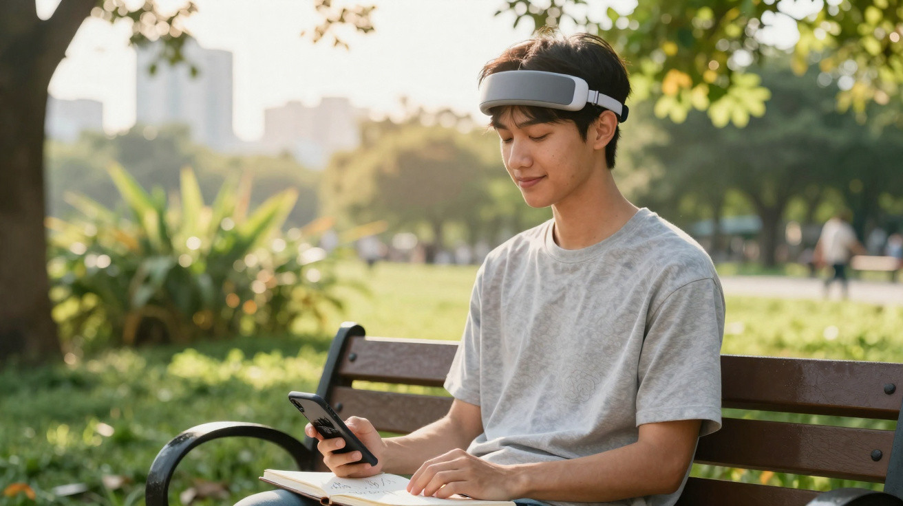 Jovem sentado em banco de parque, usando fone de cabeça e olhando para celular com livro aberto no colo.