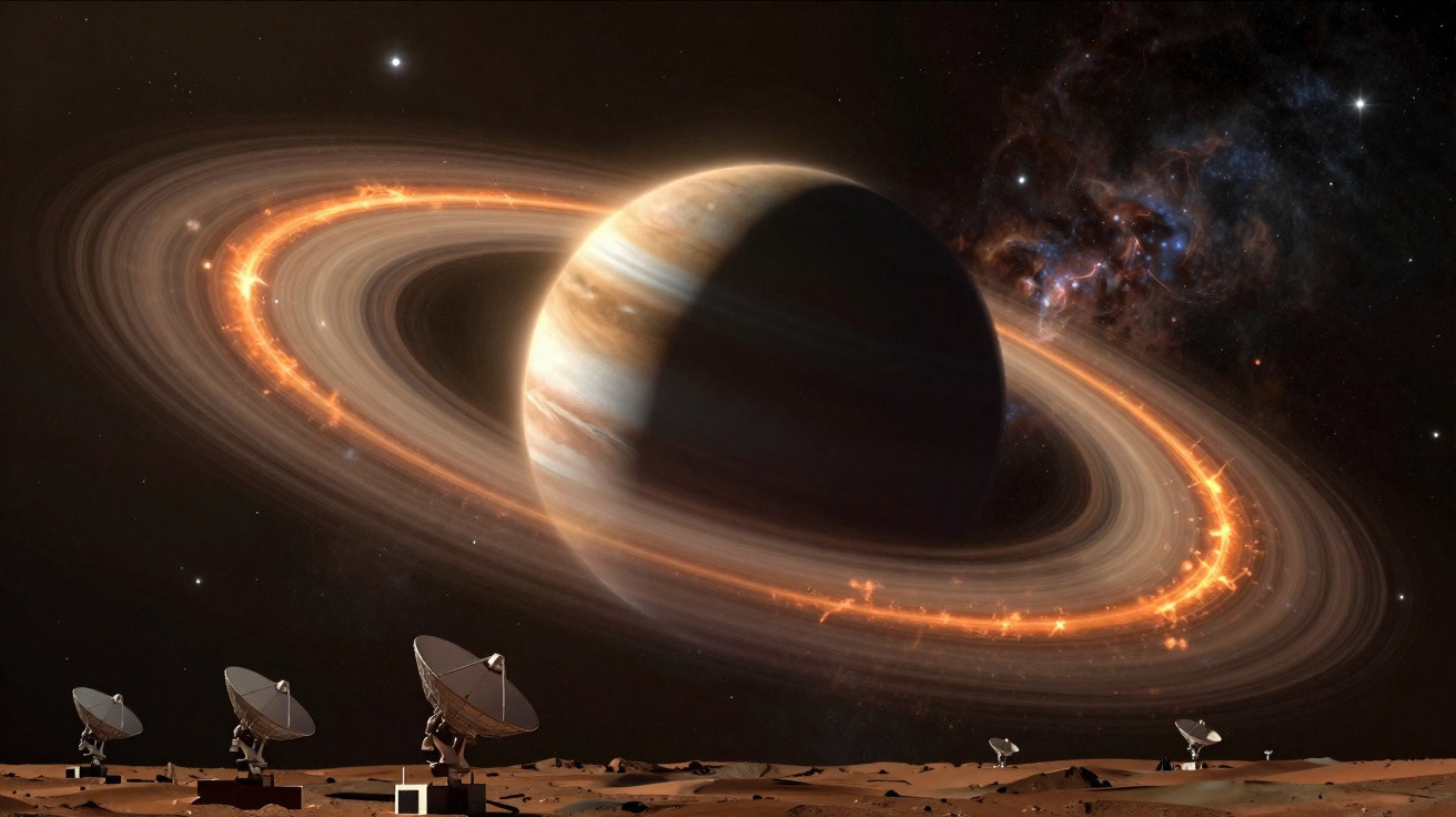 Planeta com anéis brilhantes no espaço visto de superfície com antenas parabólicas no solo.