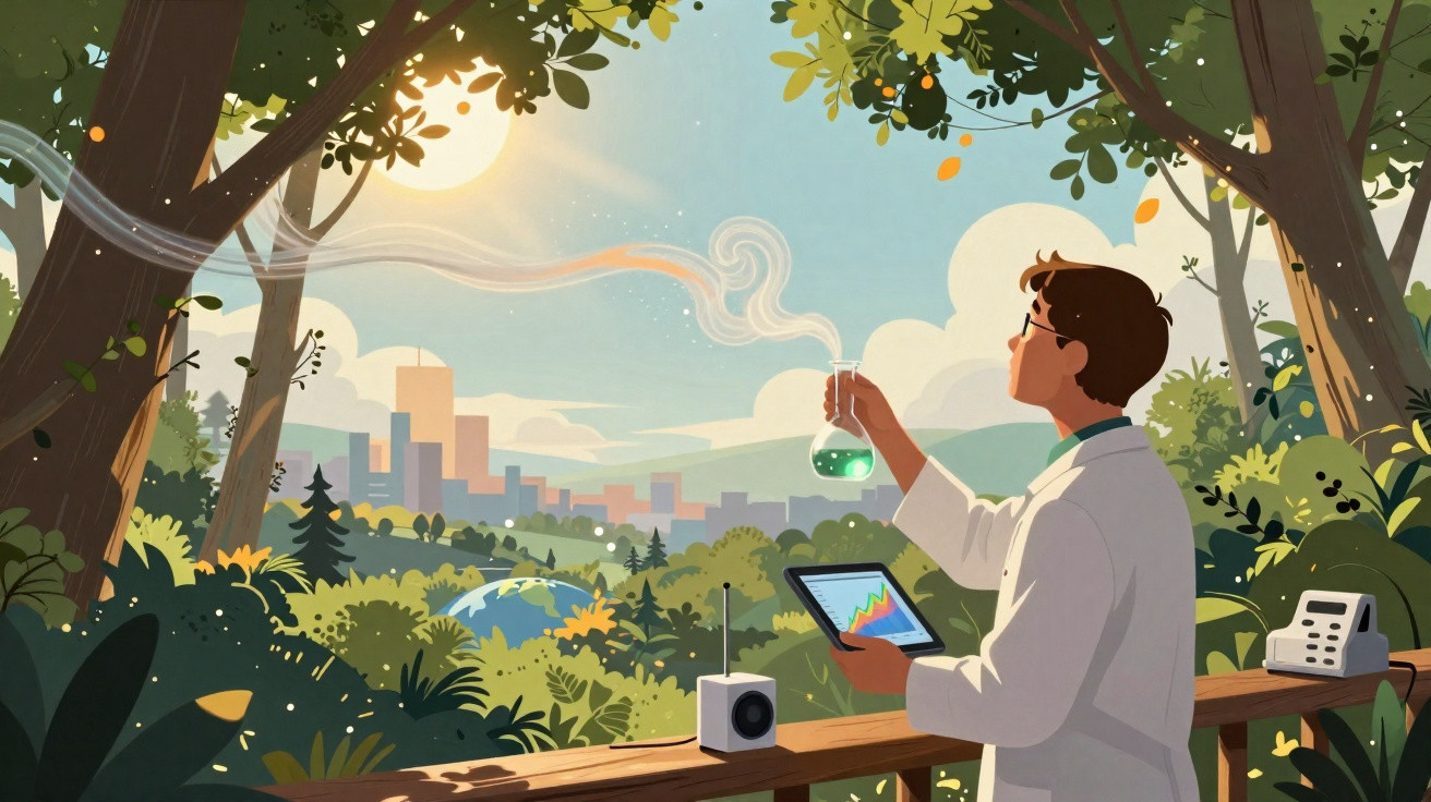 Cientista com jaleco e tablet observa reação química em frasco na natureza, com cidade ao fundo.