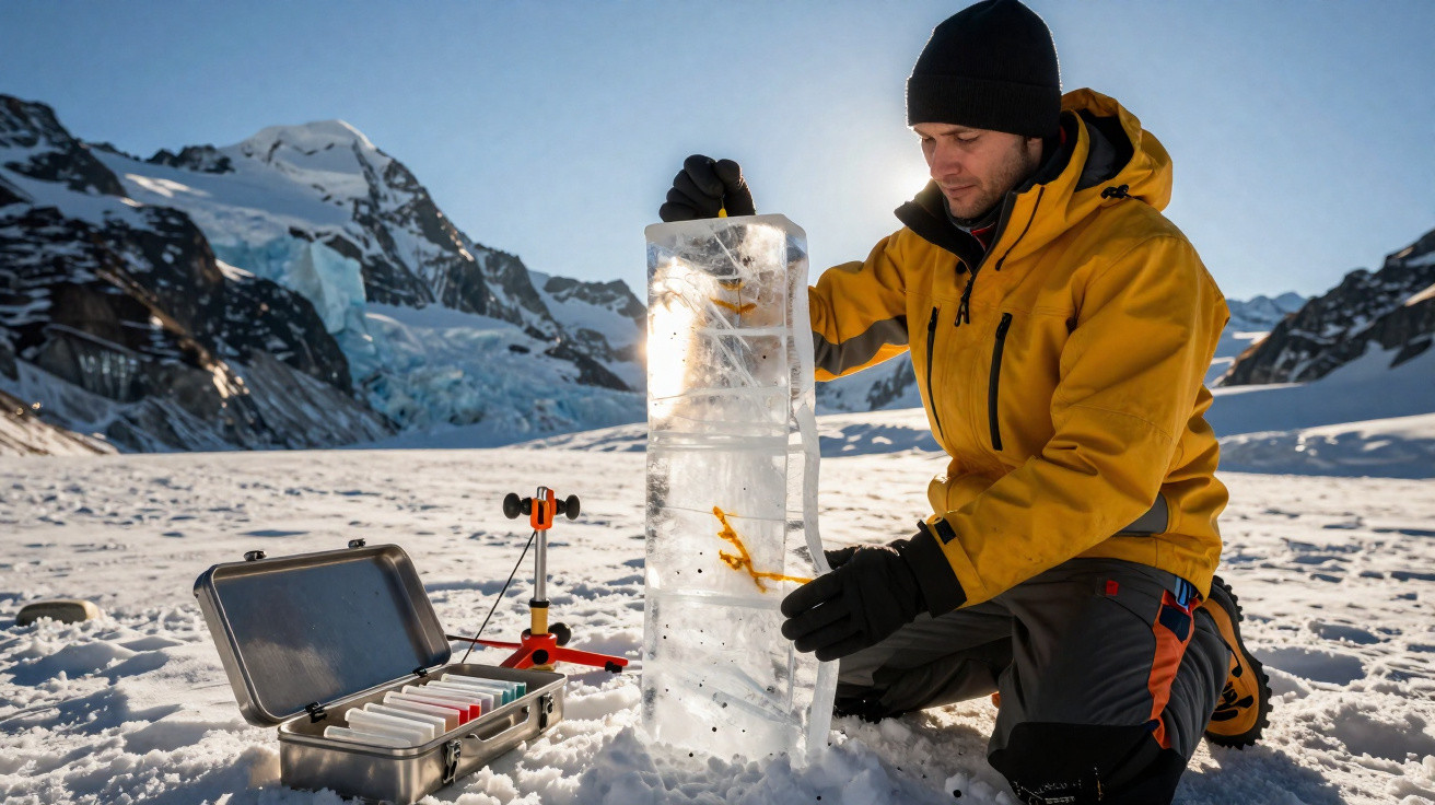 Pesquisador em roupa térmica analisa bloco de gelo com equipamentos em paisagem nevada de montanha.