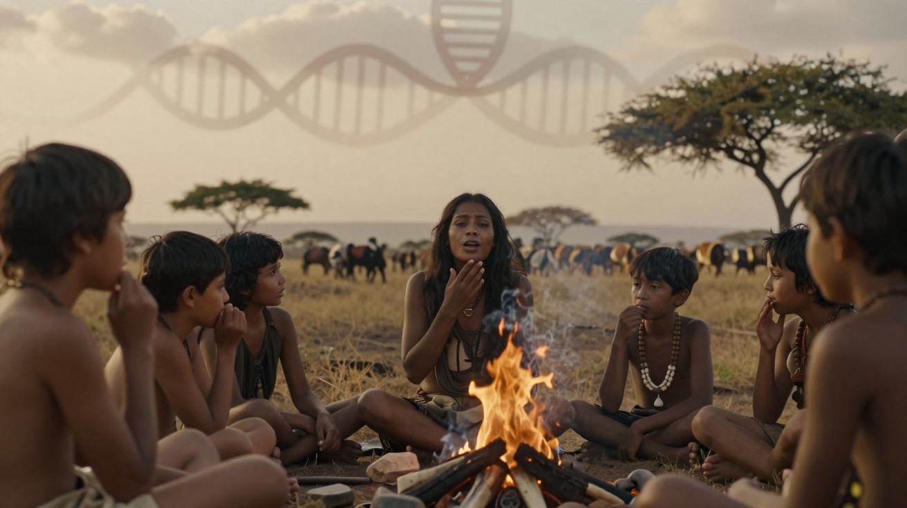 Grupo de crianças indígenas ao redor de fogueira em savana, com cadeia de DNA ao fundo no céu.
