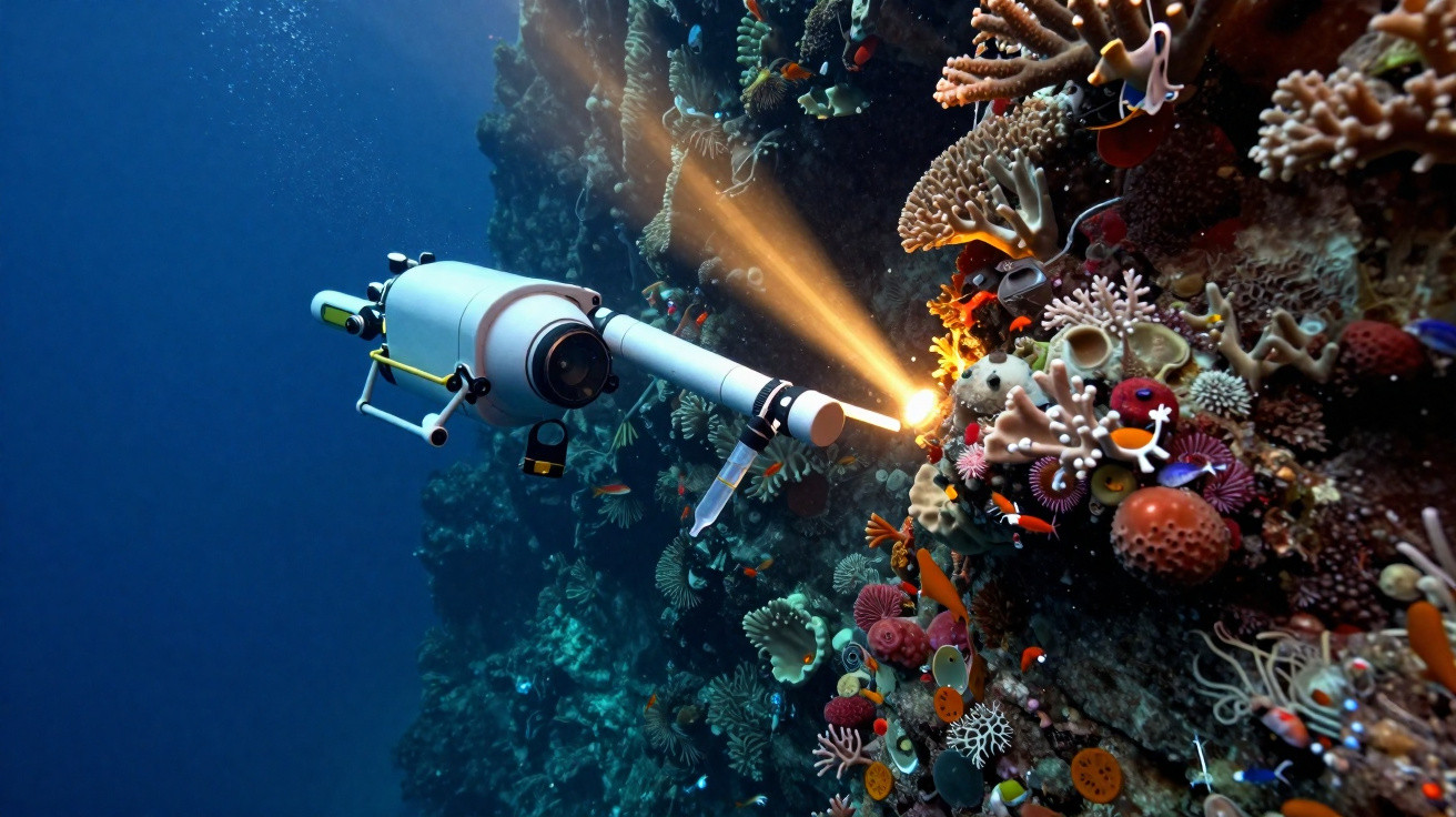 Robô submarino iluminando recife de corais coloridos em águas profundas.