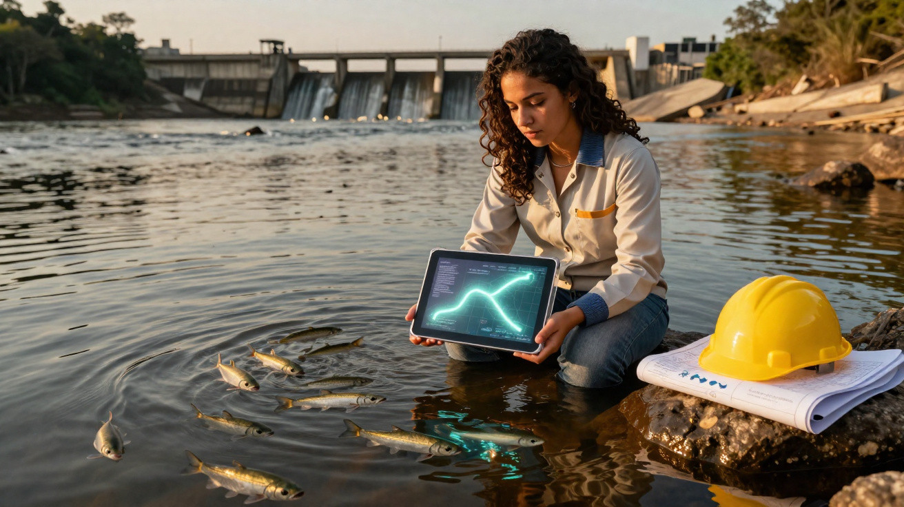 Mulher em rio com tablet mostrando gráfico, capacete e plantas ao fundo em usina hidrelétrica.