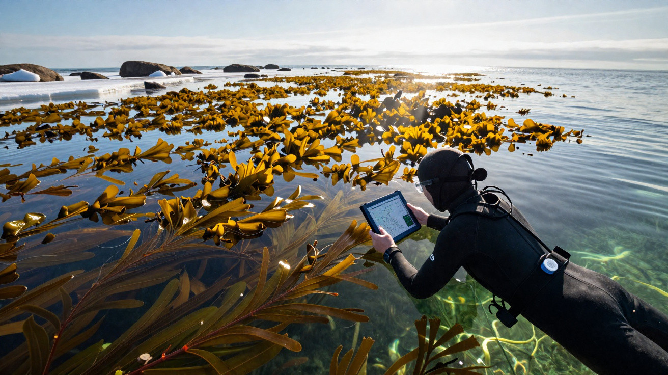 Mergulhador com roupa preta usando tablet próximo a algas marinhas em águas calmas e claras.