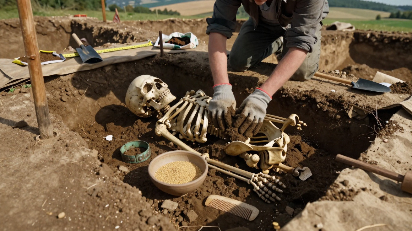 Arqueólogo escavando esqueleto humano em sítio arqueológico ao ar livre com utensílios próximos.
