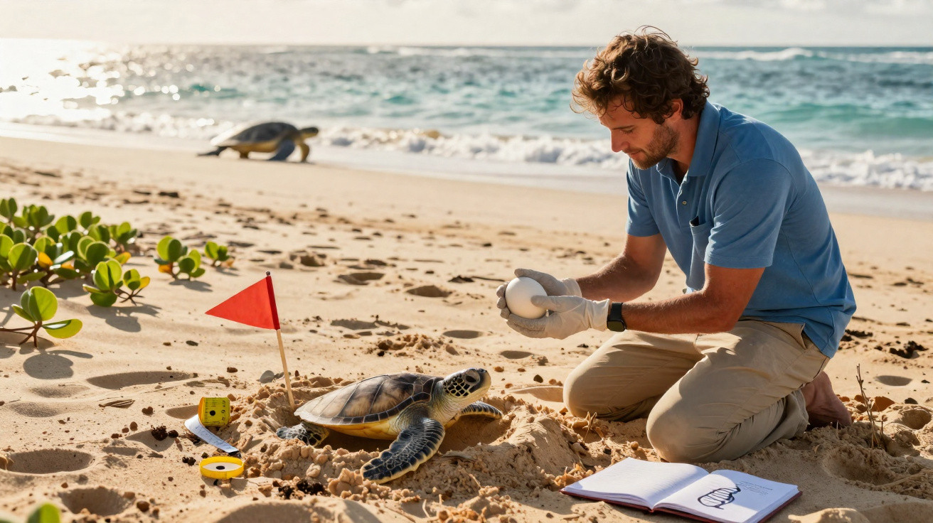 Homem na praia com luvas segurando ovo de tartaruga ao lado de tartaruga marinha e caderno aberto.