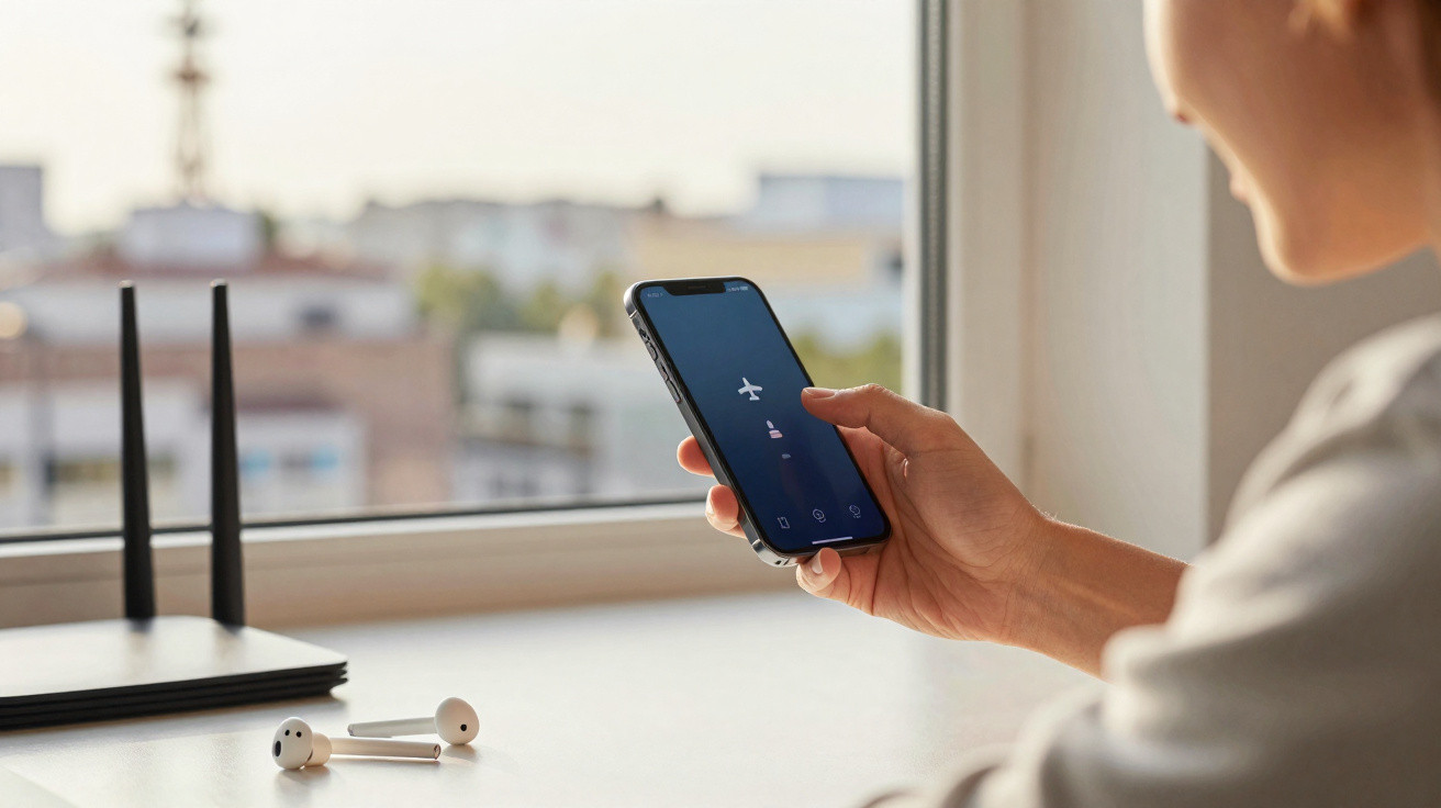 Pessoa segurando smartphone com ícone de modo avião ativado, ao lado de fones de ouvido e roteador.