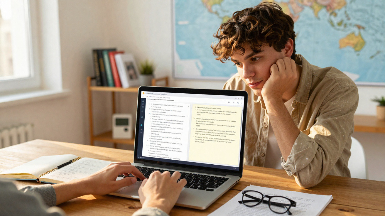 Jovem atento estudando com notebook aberto, óculos sobre mesa e mapa na parede ao fundo.