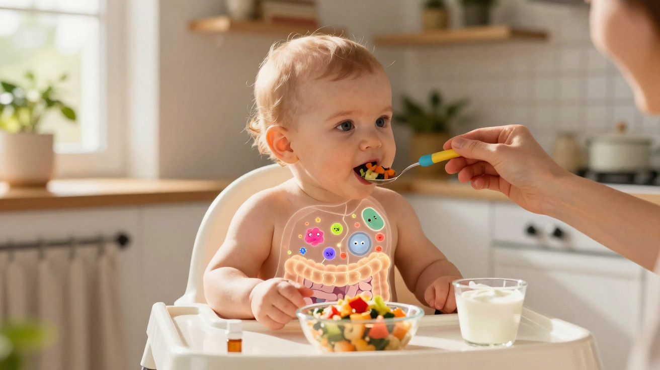 Bebê sendo alimentado com colher, com ilustração das bactérias intestinais sobre o corpo do bebê.