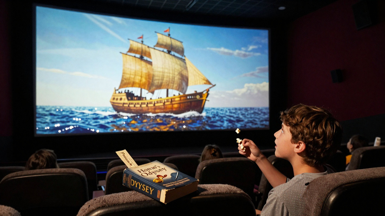 Criança com pipoca assistindo filme de navio antigo no cinema, com livro Odisseia sobre a cadeira.