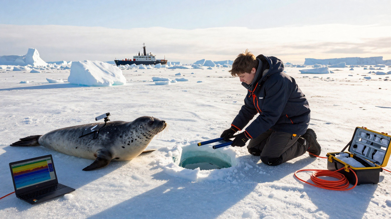 Pesquisador coleta dados na neve próxima a uma foca com equipamento científico em ambiente polar.