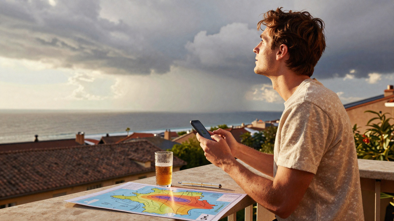 Homem segurando celular e observando o céu nublado na varanda com mapa e copo de bebida à frente.