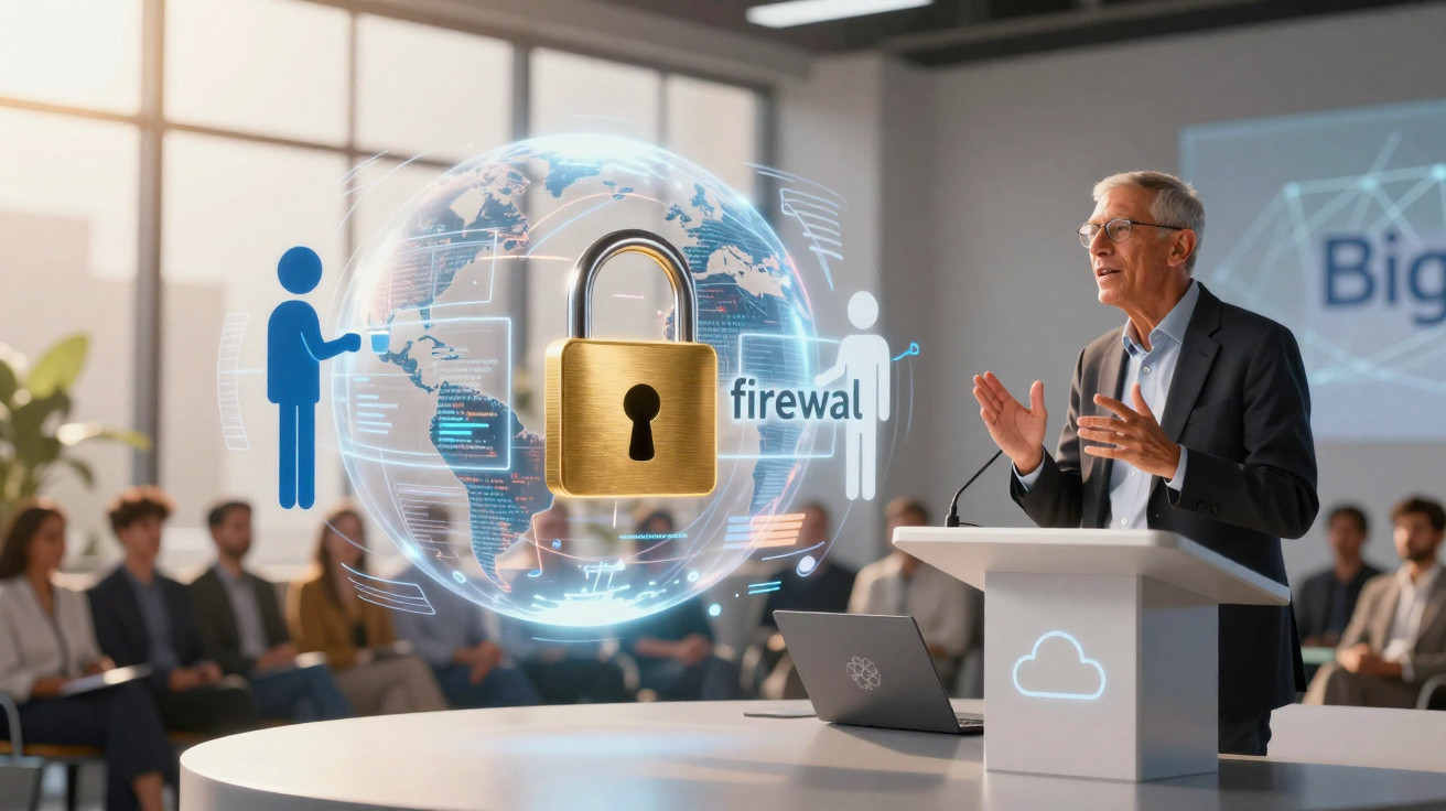 Homem falando sobre segurança cibernética e firewall em palestra para grupo em sala moderna.