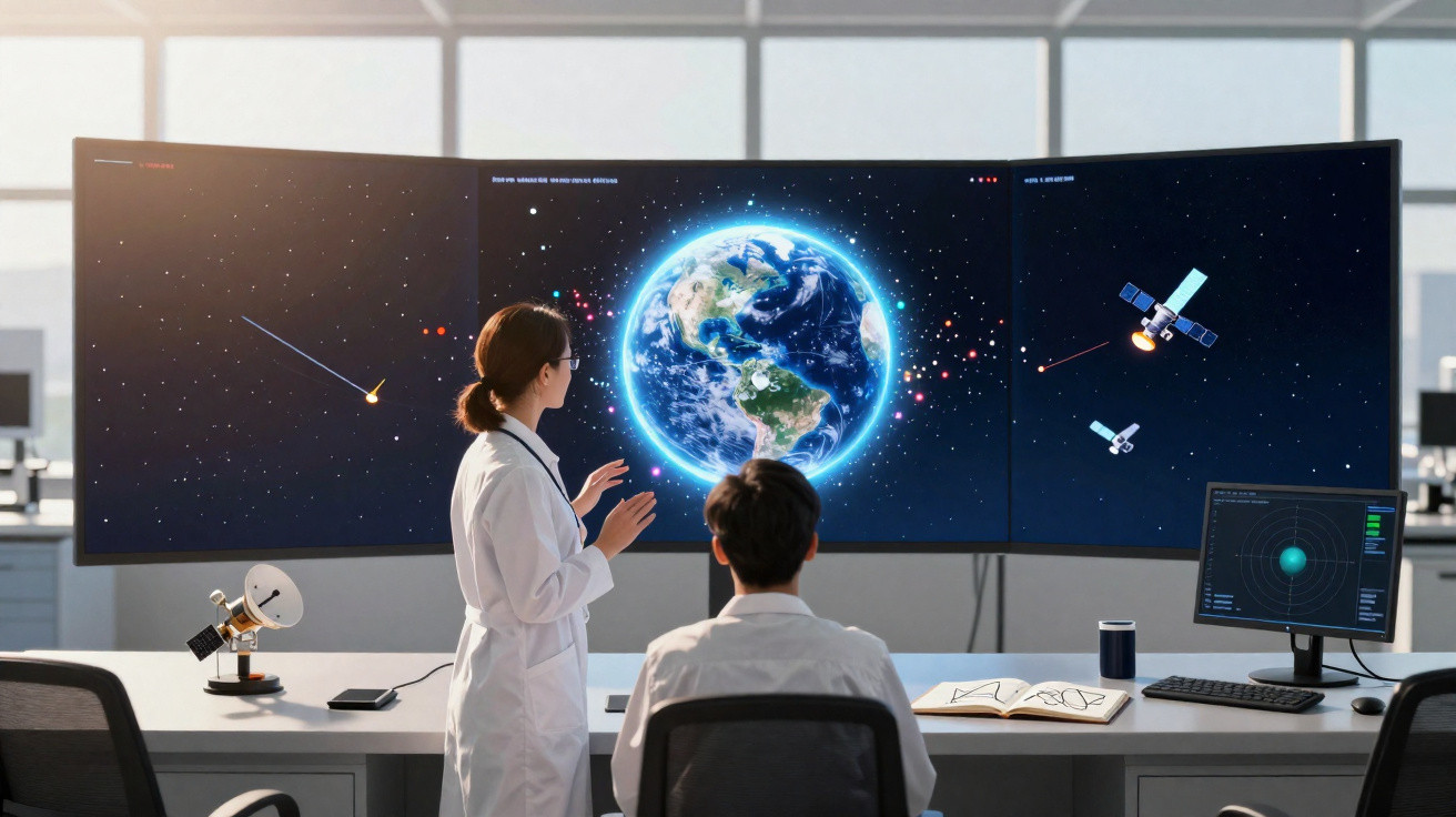 Dois cientistas analisam imagens digitais da Terra e satélites em telas grandes em um laboratório moderno.