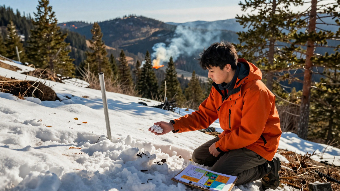 Pessoa de casaco laranja coleta amostra de neve na montanha com floresta e fogo ao fundo.