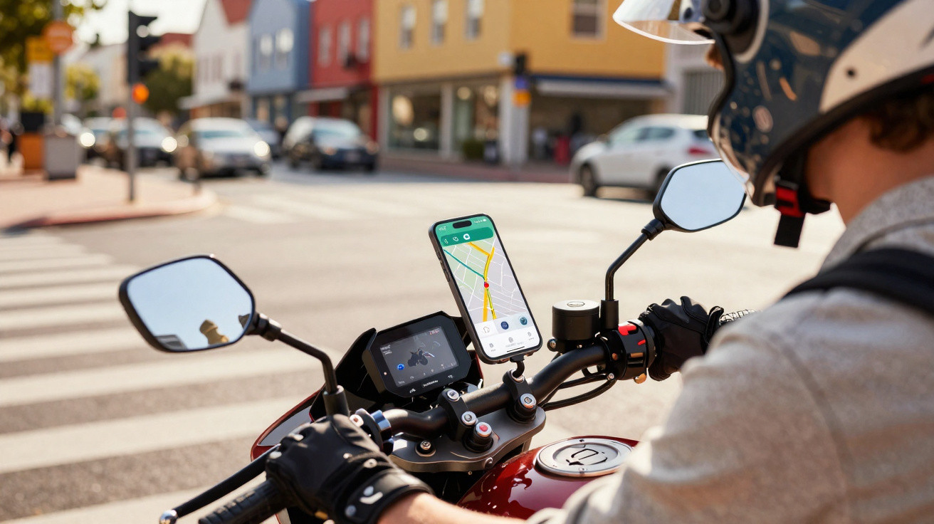 Motociclista com capacete usando GPS no celular preso ao guidão da moto em cruzamento urbano.
