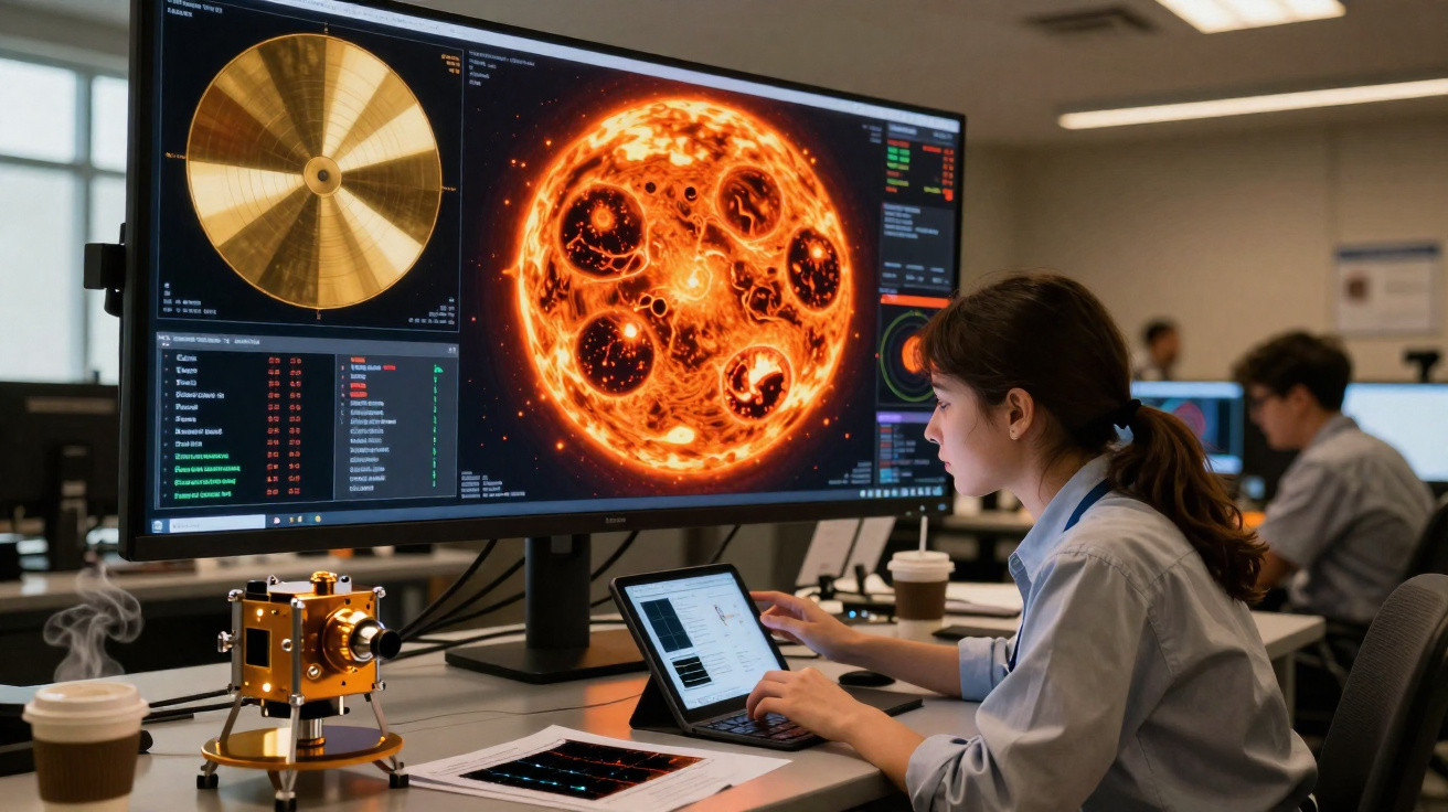 Mulher analisando dados científicos de uma estrela em telas grandes dentro de um laboratório tecnológico.