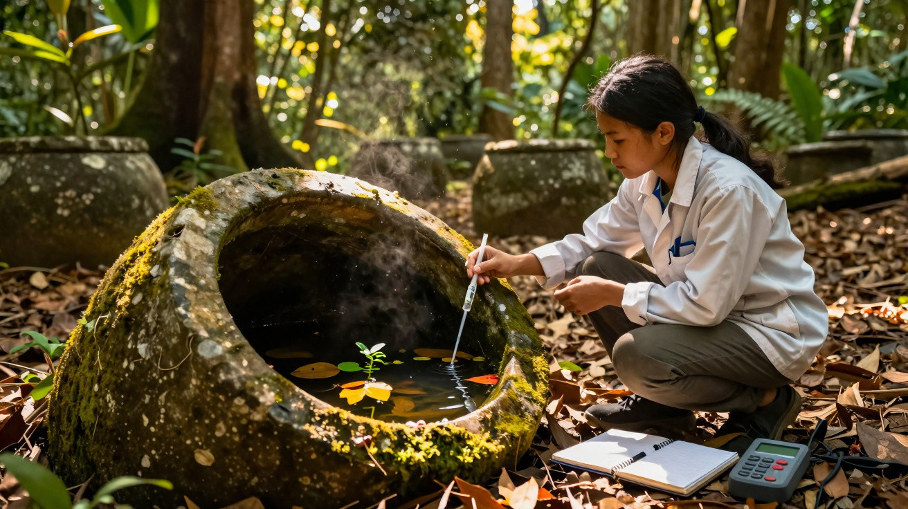 Jovem cientista coleta amostra de água em jarra antiga e mossenta na floresta para pesquisa ambiental.