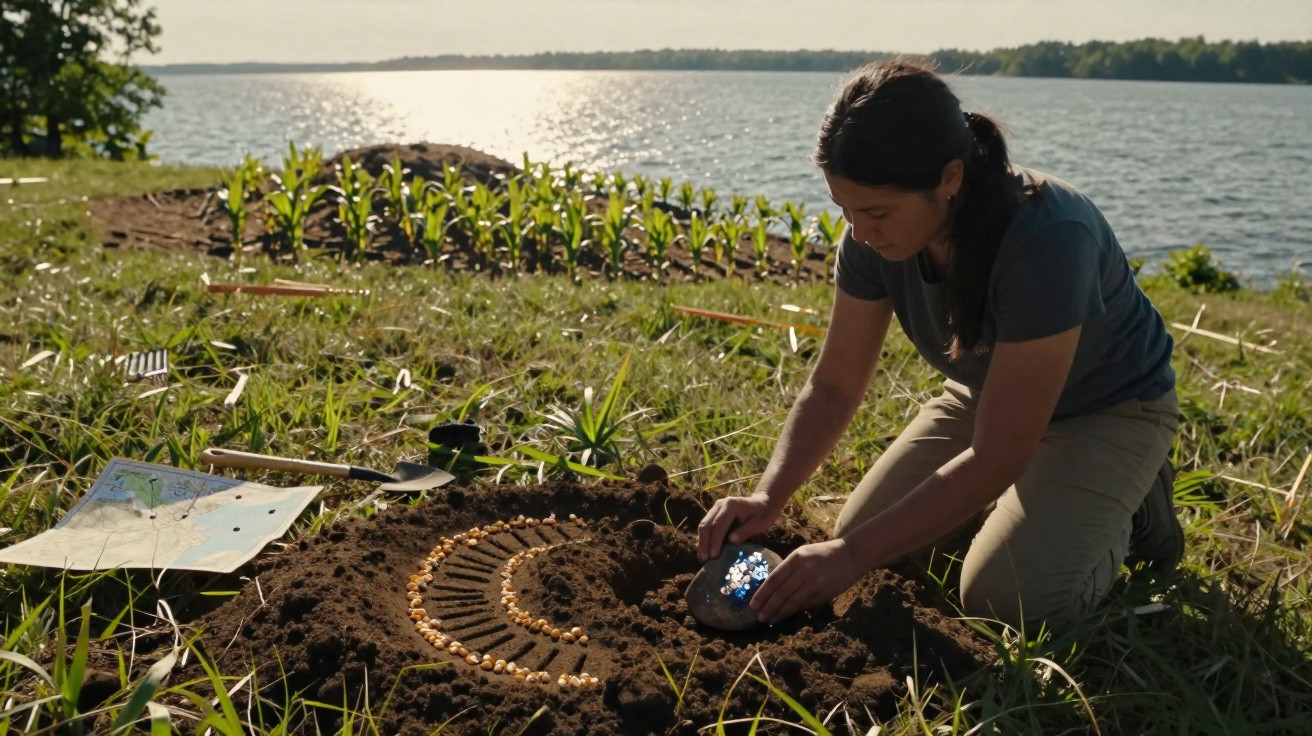Mulher ajoelhada organizando pedras em padrão circular na terra próxima a um lago ao pôr do sol.