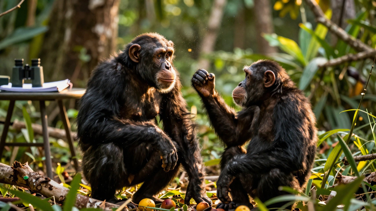 Dois chimpanzés sentados no chão da floresta em posição de jogo ou comunicação.