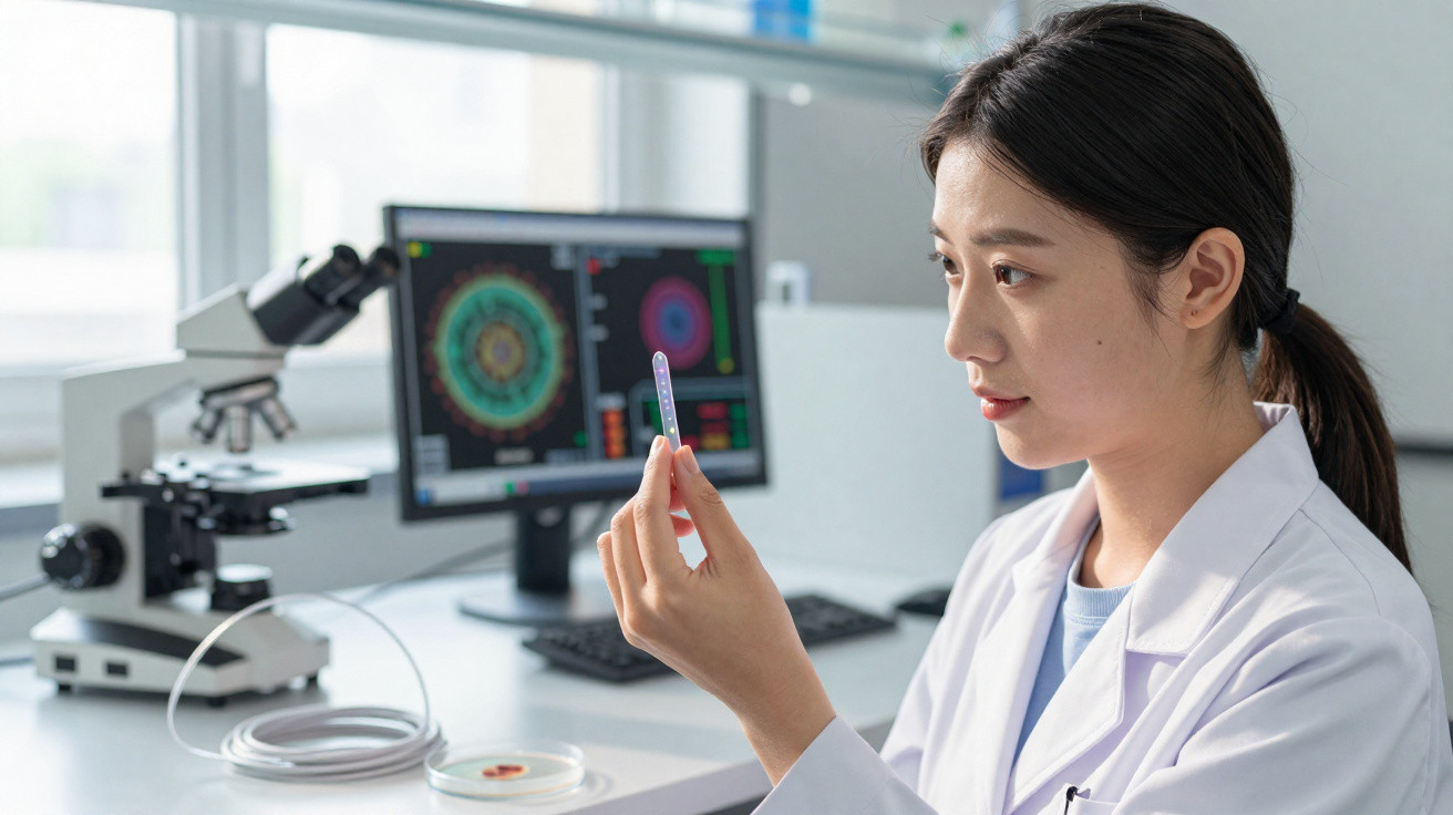 Cientista mulher em laboratório examinando amostra em tubo de ensaio com microscópio e monitor ao fundo.