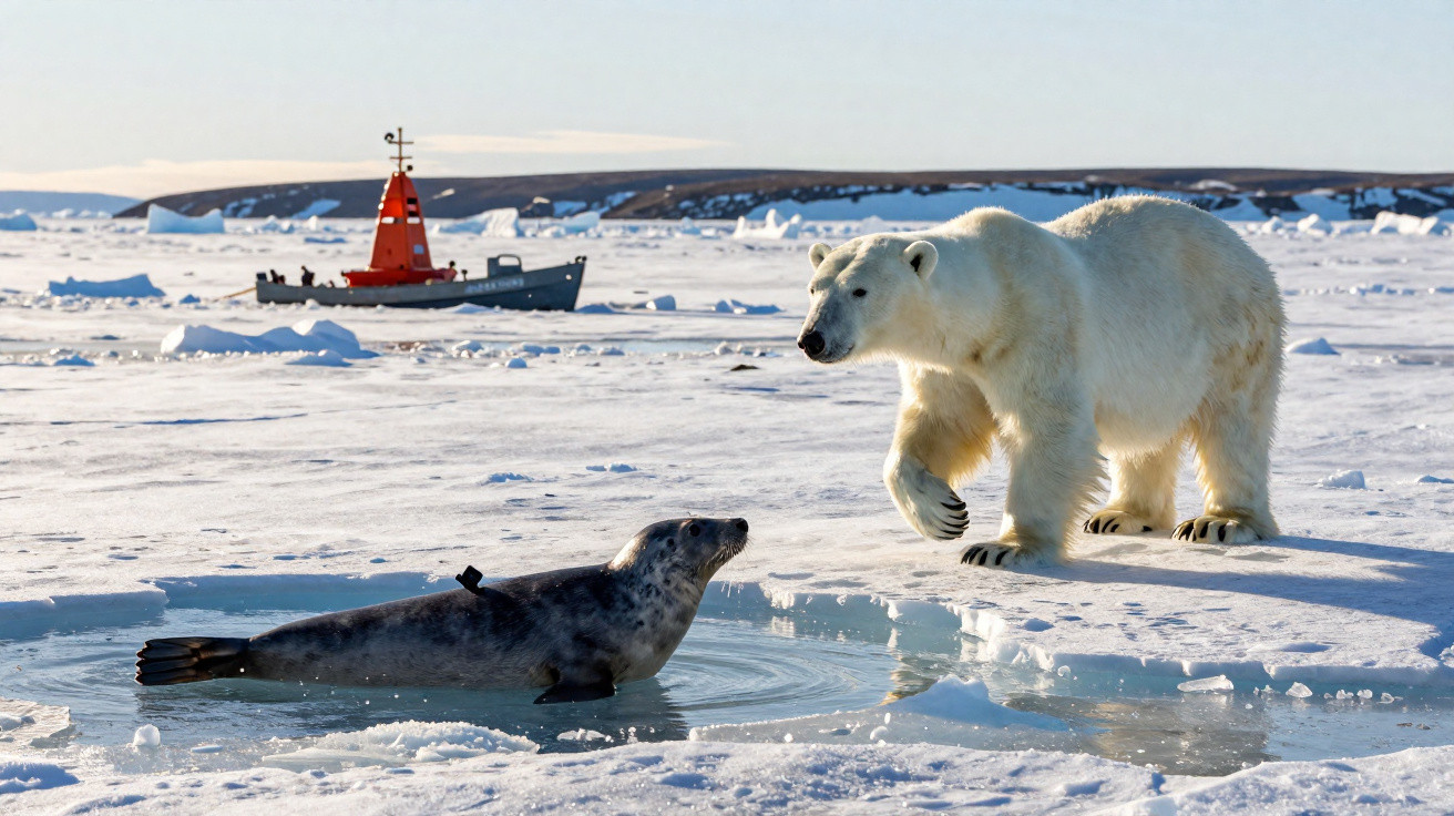 Urso polar e foca próximos a um buraco no gelo, ao fundo barco vermelho no mar congelado.