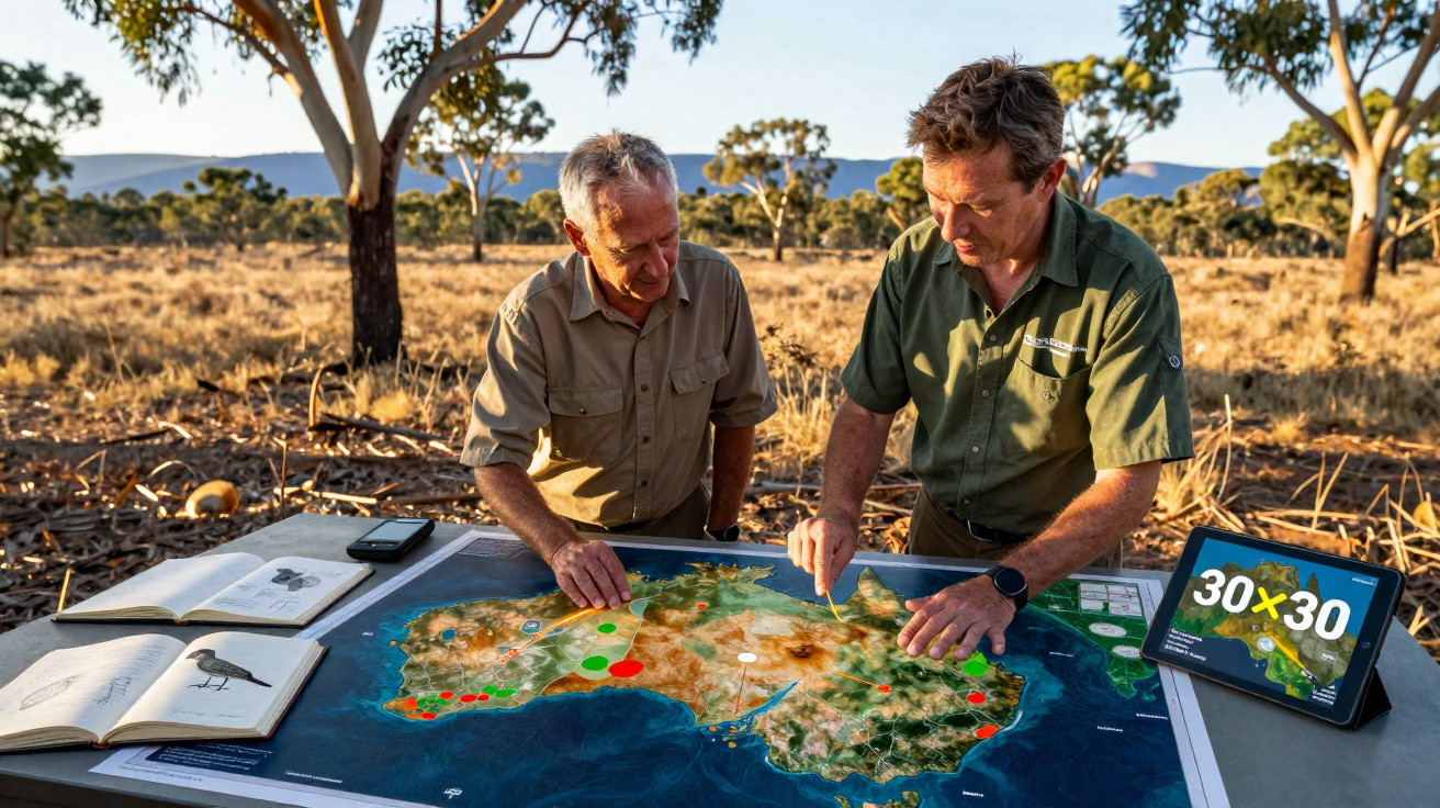 Dois homens analisando um mapa da Austrália em área rural com livros e tablet à mesa.