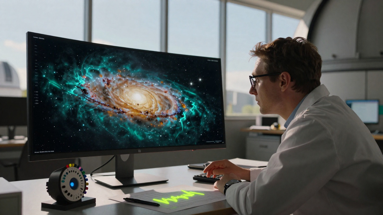 Homem de jaleco e óculos analisa imagem de galáxia exibida em tela de computador em ambiente de escritório moderno.