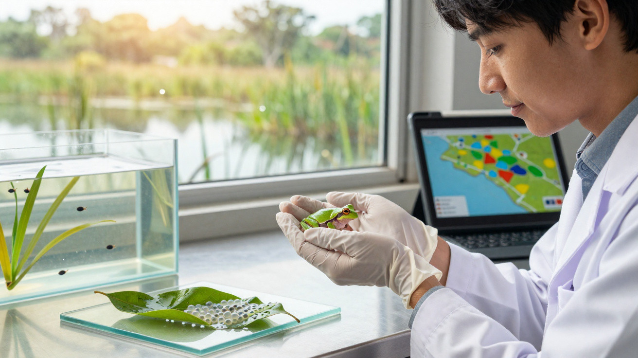 Pesquisador em laboratório segurando um sapo verde, com tanque de água e ovos em folhas ao lado.