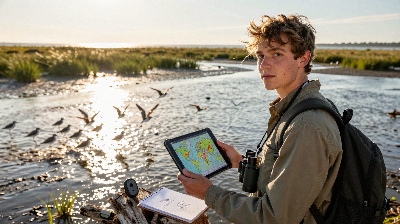 Jovem com mochila segura tablet mostrando mapa, observa pássaros voando em área úmida ao pôr do sol.