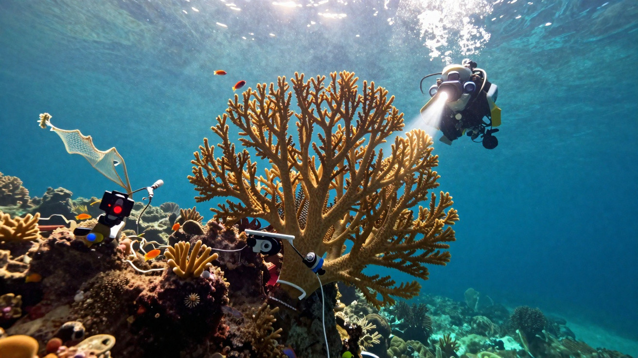 Mergulhador com lanterna explorando recife de coral com equipamentos científicos e peixes pequenos ao redor.