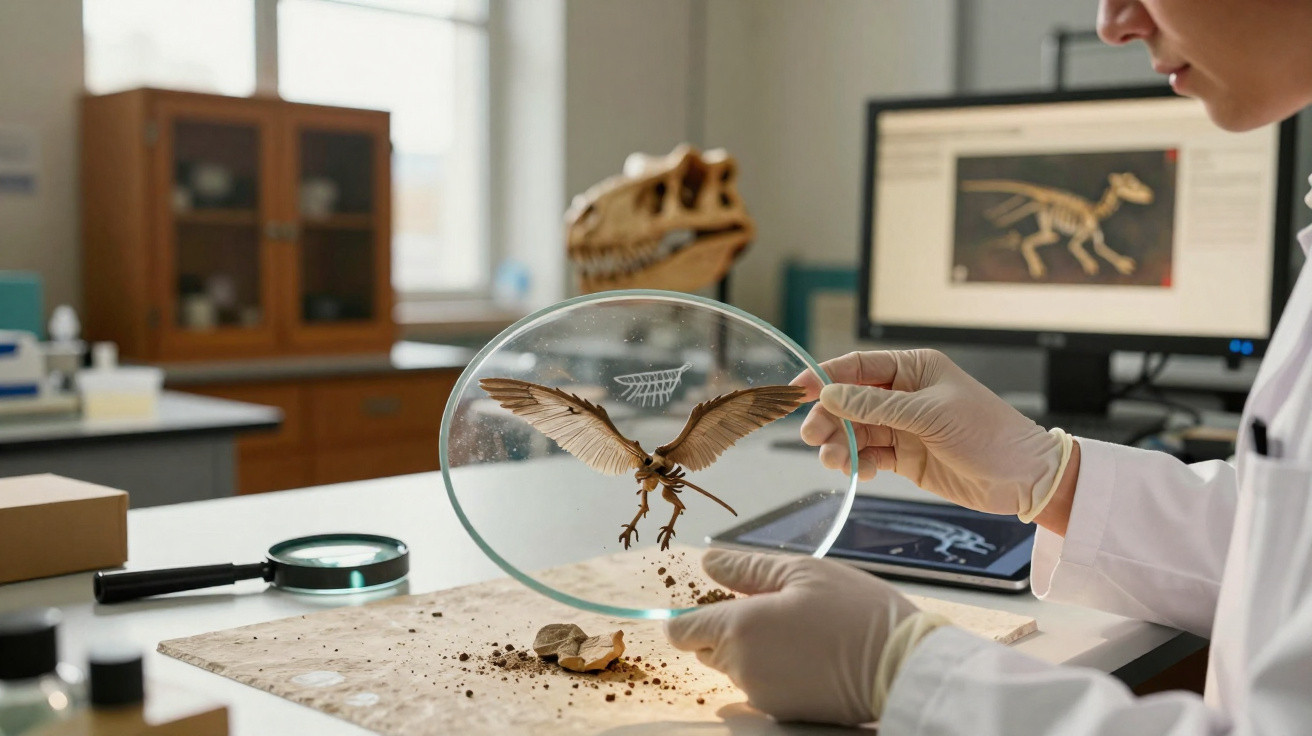 Pesquisador em laboratório analisa modelo de dinossauro alado com lupa e luvas de proteção.
