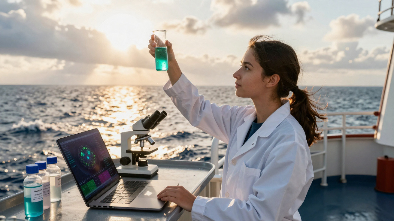 Mulher cientista em branco segurando frasco com líquido azul no convés de barco ao pôr do sol.