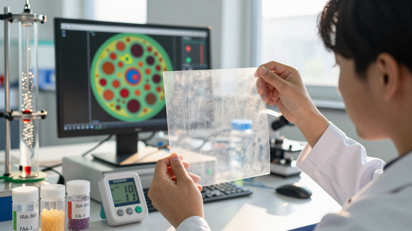 Pesquisador em laboratório analisando filme plástico transparente com imagens digitais ao fundo.