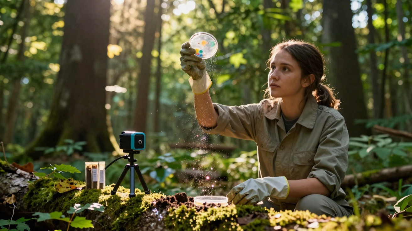 Mulher cientista analisa amostra em placa de Petri na floresta, com equipamentos e câmera ao redor.