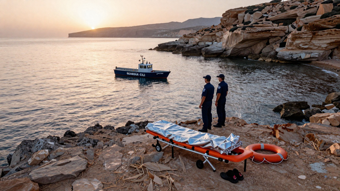 Dois policiais em um penhasco rochoso observam barco da guarda costeira ao pôr do sol com maca coberta e boia ao lado.