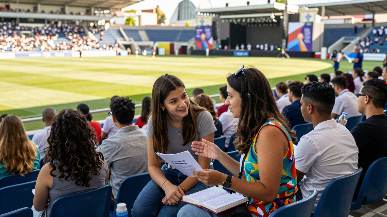 Pessoas sentadas em arquibancada de evento ao ar livre, duas mulheres conversando e analisando papéis.