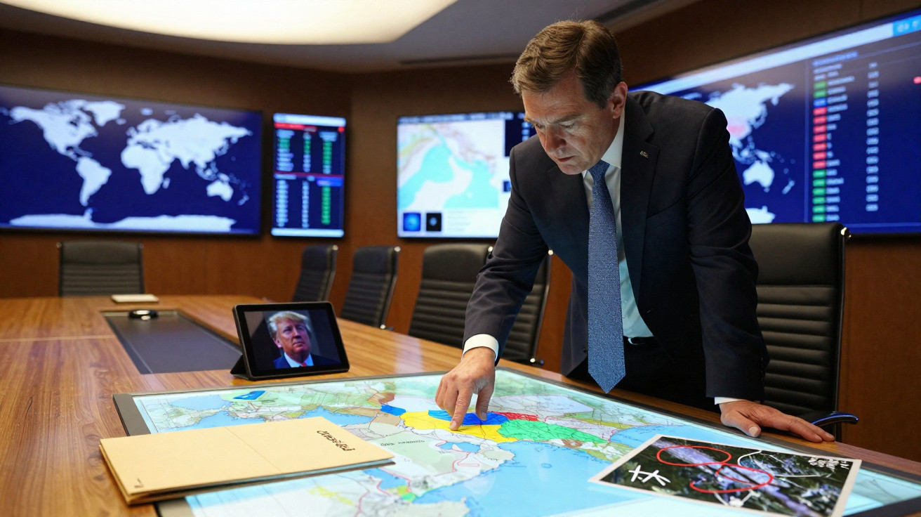 Homem de terno analisa mapa em mesa digital, com telas de dados e vídeo em sala de conferência moderna.