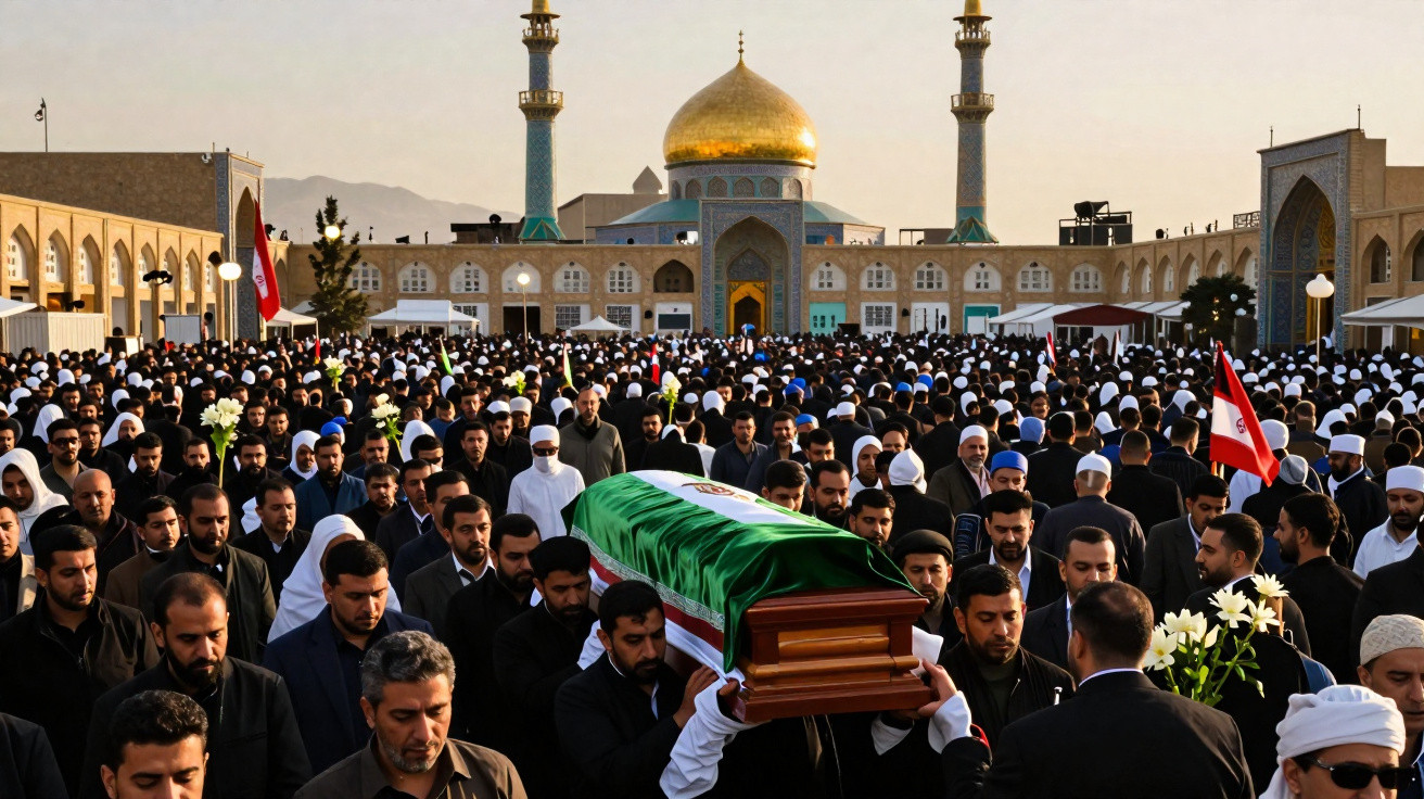 Procissão fúnebre com multidão diante de mesquita dourada ao entardecer.