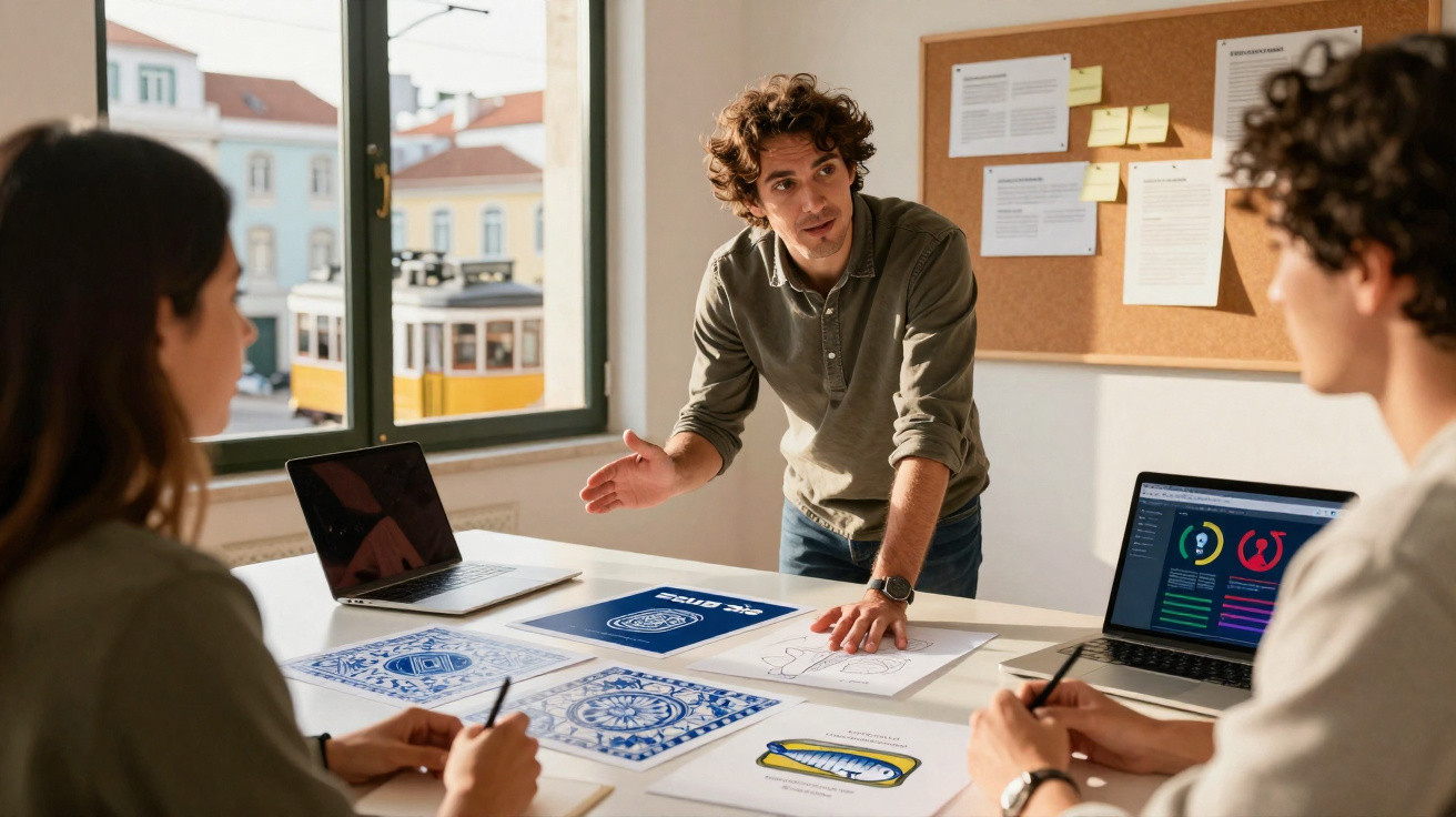 Três jovens discutindo projetos de design gráfico em escritório com decoração clara e janelas amplas.