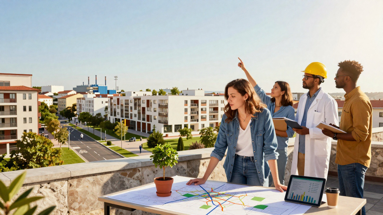 Equipe multidisciplinar analisando projeto urbano em mesa com mapas e gráficos ao ar livre em área residencial.