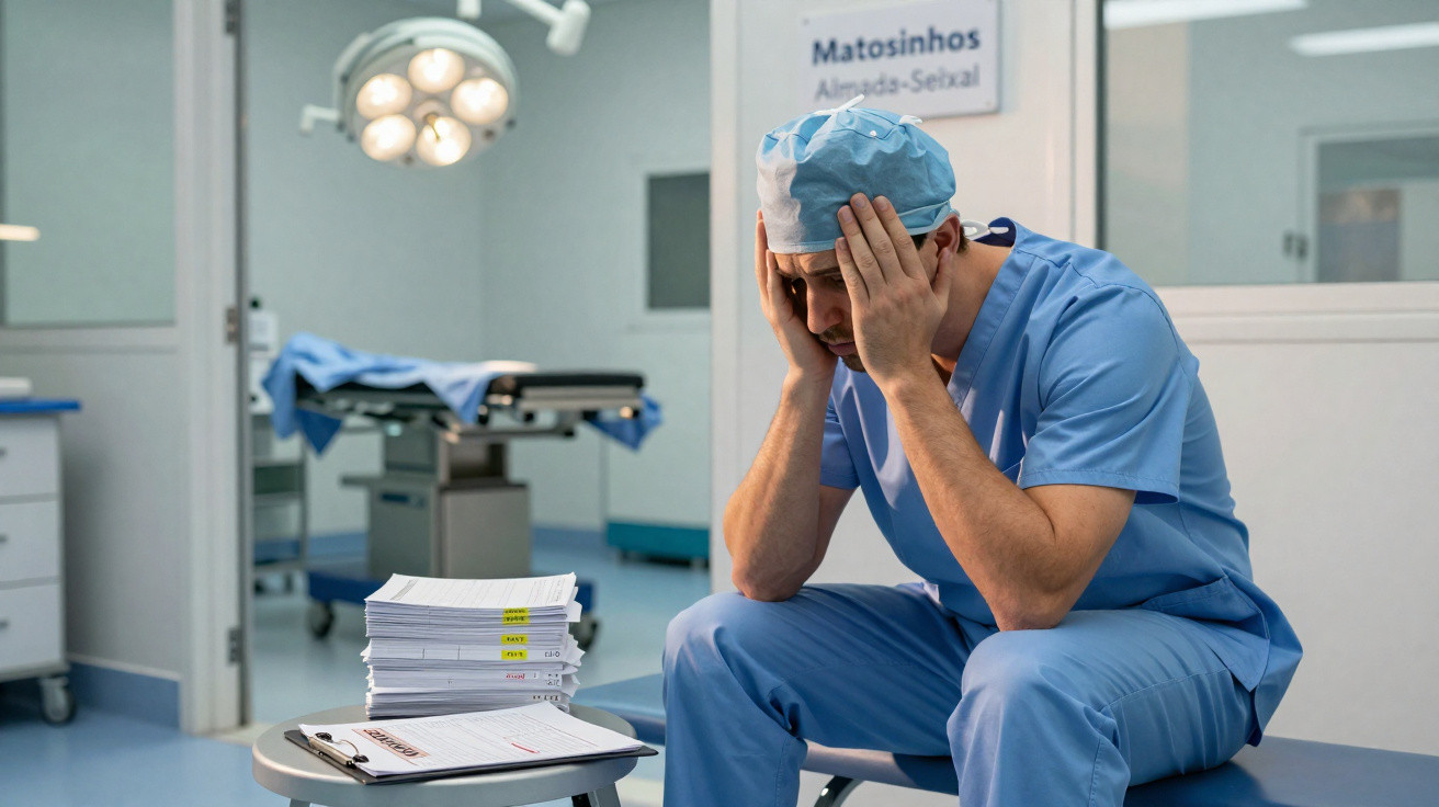 Médico sentado com expressão cansada e mãos na cabeça, ao lado de mesa com pilha de documentos em sala hospitalar.