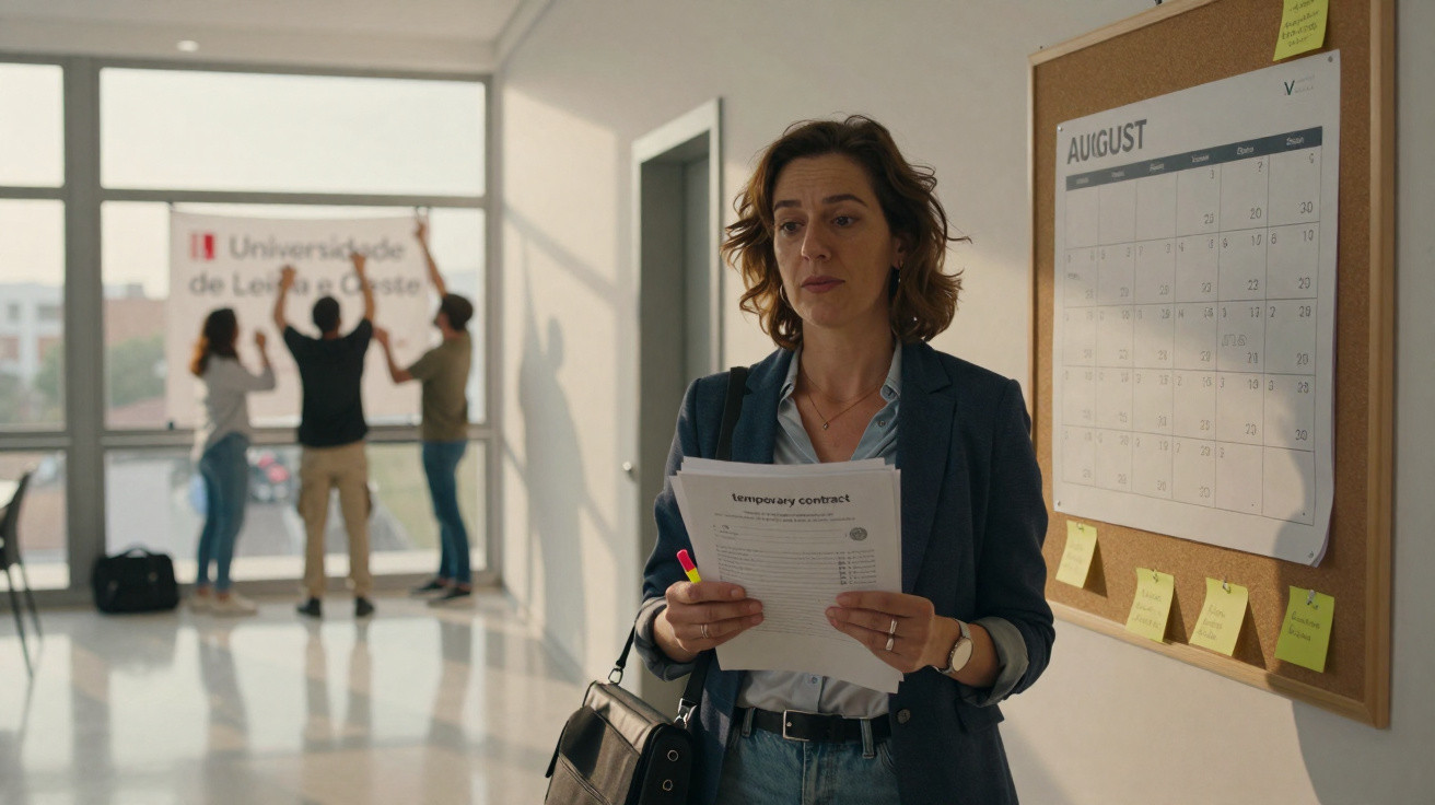 Mulher com documentos na mão em corredor, com pessoas ao fundo pendurando cartaz na parede.