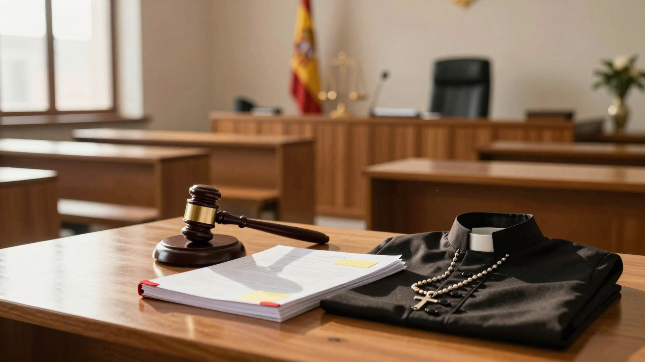 Martelo de juiz, documentos e roupa clerical com terço em uma mesa de tribunal vazia.