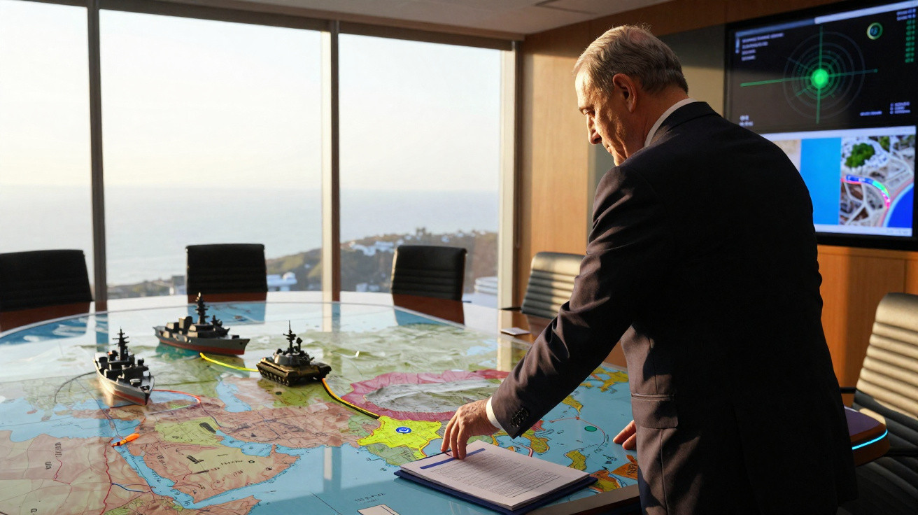 Homem em terno observa mapa com miniaturas de navios em sala de reunião com vista para o mar.