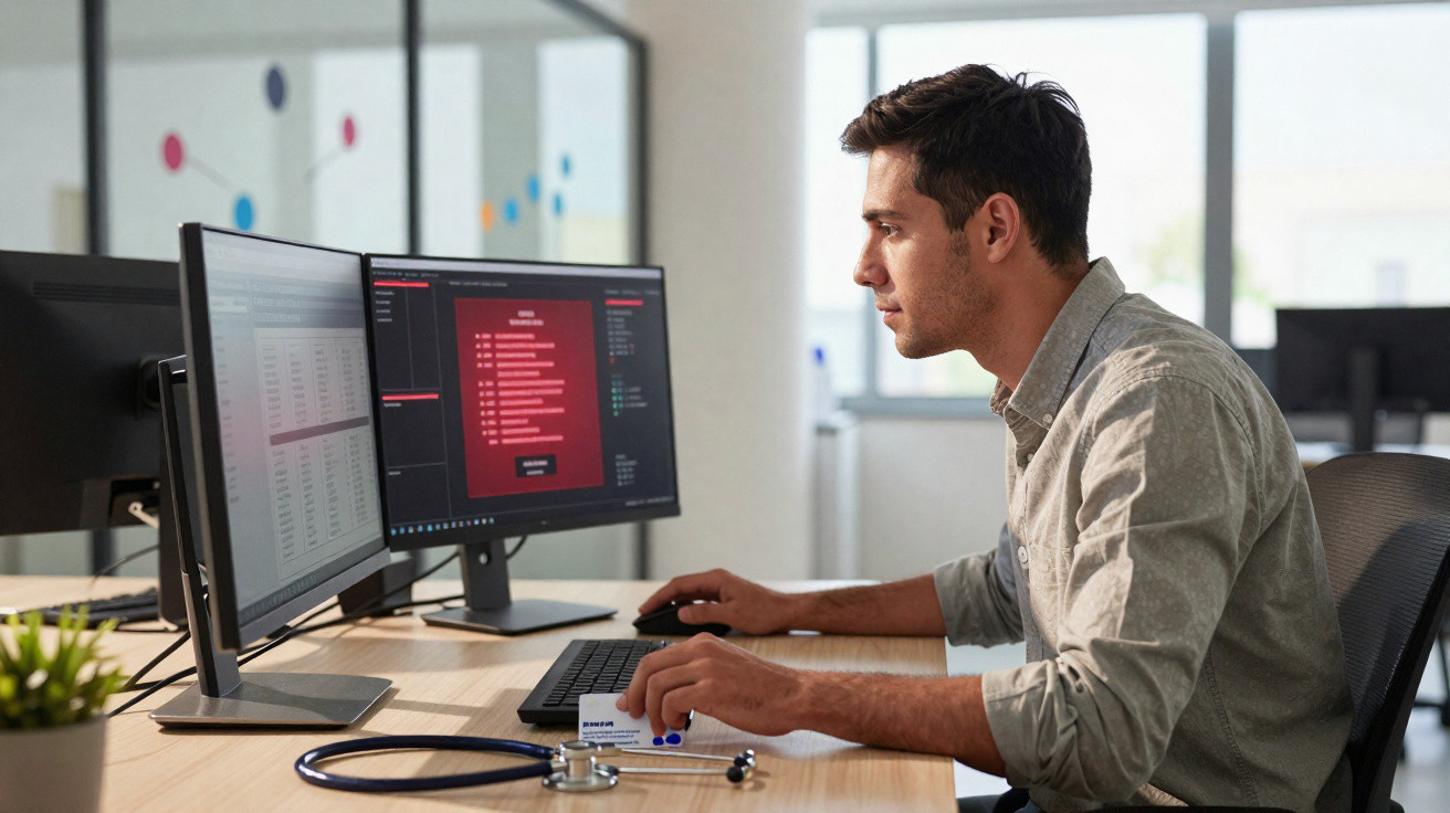 Homem usando camisa cinza claro trabalha em computador com dois monitores em escritório moderno.